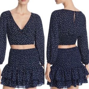 BB Dakota Navy and White Polka Dot Tie Front Crop Top Blouse